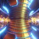3D render of inside an active tokamak fusion reactor coloured gold, silver and blue.