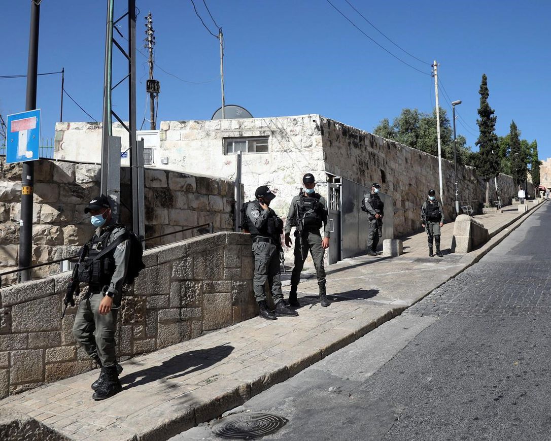 Israeli police officers secure the area of Lion's gate in Jerusalem's Old City, Saturday, May 30, 2020. Israeli police shot dead a Palestinian near Jerusalem's Old City who they had suspected was carrying a weapon but turned out to be unarmed.