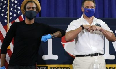 NEW YORK, NEW YORK - MAY 28: New York Governor Andrew Cuomo Is joined by Rosie Perez and Chris Rock at a press conference where the two performers helped to promote coronavirus testing, social distancing and the use of a face mask on May 28, 2020 in New York City. …
