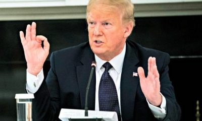 WASHINGTON, DC - MAY 18: U.S. President Donald Trump speaks during a roundtable in the State Dining Room of the White House May 18, 2020 in Washington, DC. President Trump held a roundtable meeting with Restaurant Executives and Industry Leaders at the White House today. (Photo by Doug Mills - …
