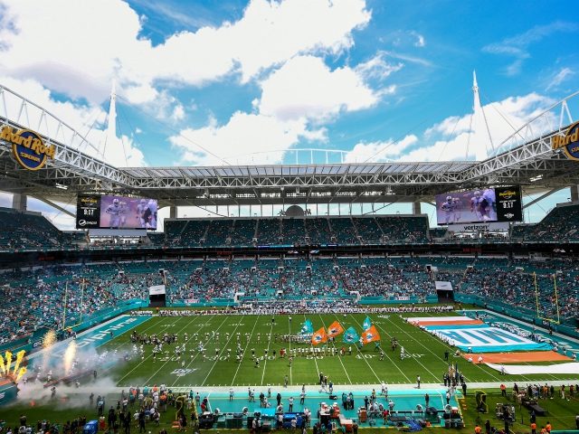 MIAMI, FLORIDA - SEPTEMBER 08: The Miami Dolphins are introduced prior to the game against the Baltimore Ravens at Hard Rock Stadium on September 08, 2019 in Miami, Florida. (Photo by Mark Brown/Getty Images)