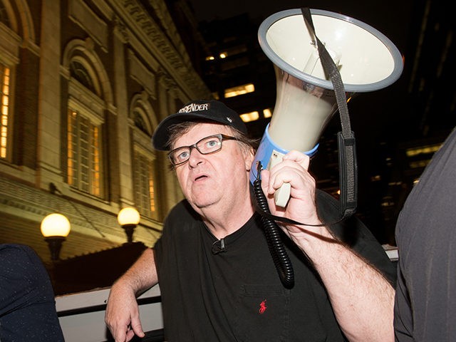 NEW YORK, NY - AUGUST 15: Michael Moore leads his Broadway audience to Trump Tower to protest President Donald Trump on August 15, 2017 in New York City. (Photo by Noam Galai/Getty Images for for DKC/O&M)