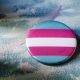 A badge bearing the trans pride flag of light blue, light pink and white stripes.