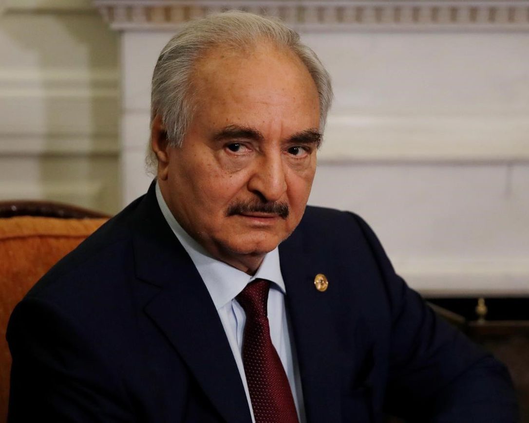 In this Jan. 17, 2020, file, photo, Libyan Gen. Khalifa Hifter joins a meeting with the Greek Foreign Minister Nikos Dendias in Athens. The U.S. military Tuesday, May 26, 2020 accused Russia of deploying fighter planes to conflict-stricken Libya to support Russian mercenaries aiding east-based forces in their offensive on the capital, Tripoli.
