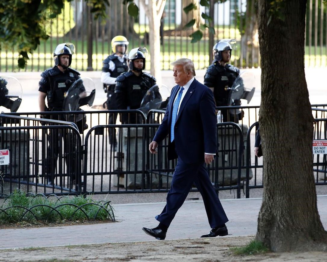 President Donald Trump walks in Lafayette Park to visit outside St. John's Church across from the White House Monday, June 1, 2020, in Washington. Part of the church was set on fire during protests on Sunday night.