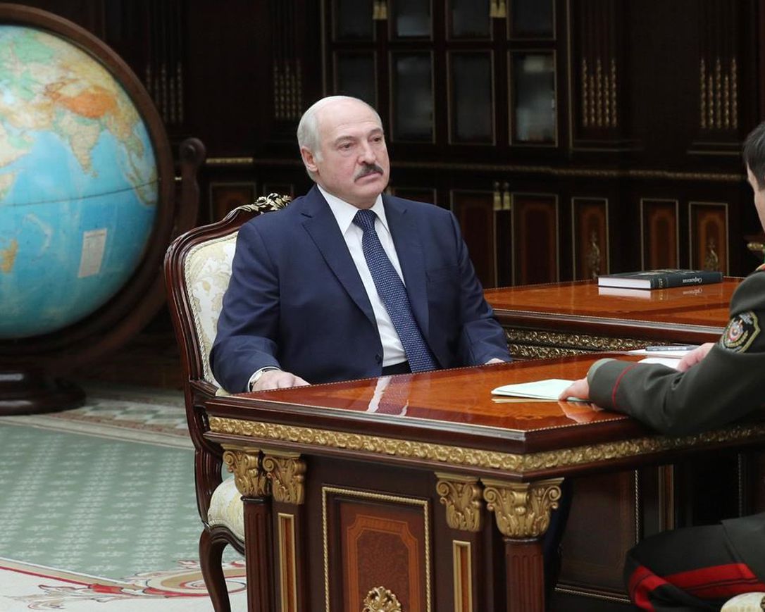 Belarusian President Alexander Lukashenko, left, meets with Valery Vakulchik, chief of the Belarusian state security service, KGB, in Minsk, Belarus, Monday, June 1, 2020.