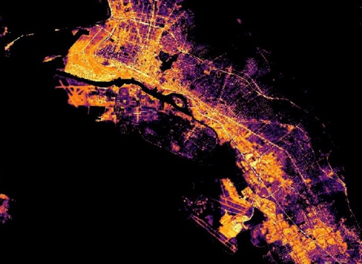 Satellite image of San Francisco at night lit up by streetlights.