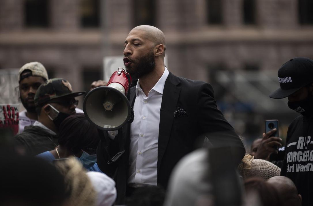 Former NBA player Royce White speaks during a protest outside the Hennepin County Government Center on Friday in Minneapolis. White, a Minnesota native, joined former NBA player Stephen Jackson calling for the prosecution the officers involved in the killing of George Floyd.