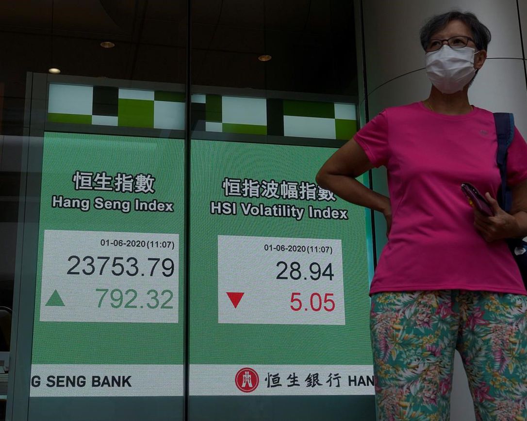 A woman wearing a face mask walks past a bank electronic board showing the Hong Kong share index at Hong Kong Stock Exchange Monday, June 1, 2020. Asian stock markets have rebounded after U.S. President Donald Trump avoided reigniting a trade war with China amid tension.
